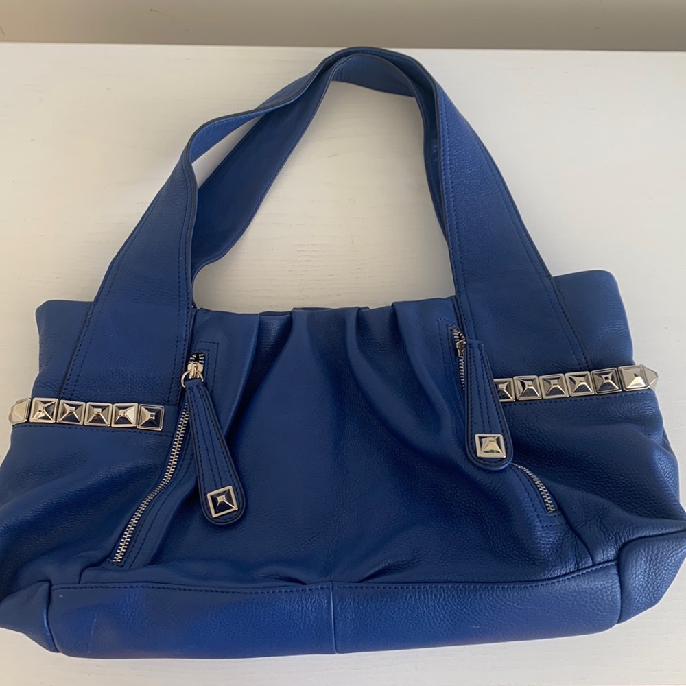 Chic royal blue leather shoulder bag with amazing pockets!